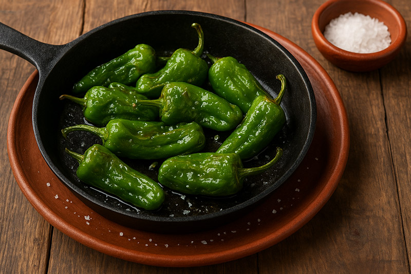 Cazuela con pimientos recién fritos